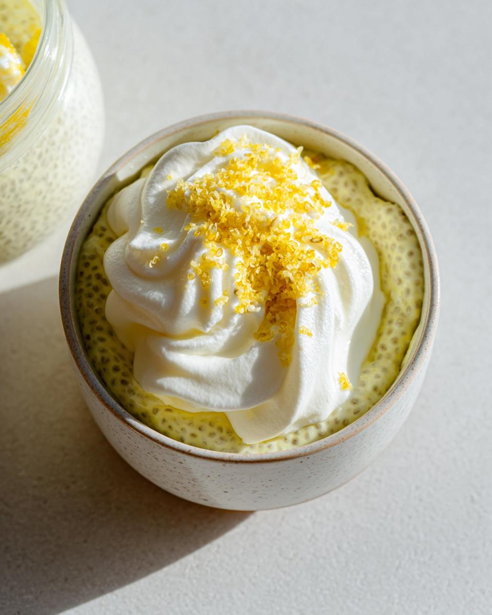 A bowl of Lemon Cream Chia Pudding topped with whipped cream and lemon zest.
