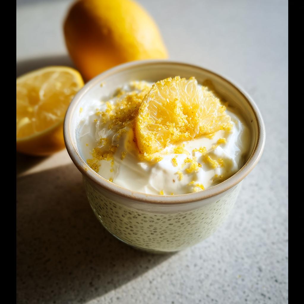 A bowl of creamy Lemon Cream Chia Pudding topped with lemon zest and a lemon slice.