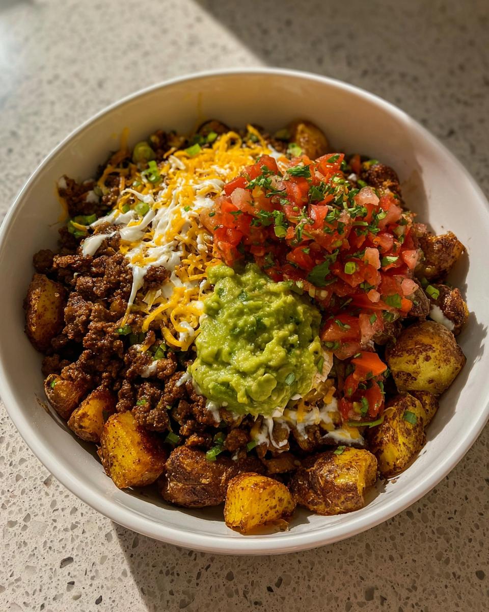 A delicious Loaded Potato Taco Bowl filled with seasoned ground beef, crispy potatoes, pico de gallo, guacamole, cheese, and sour cream.