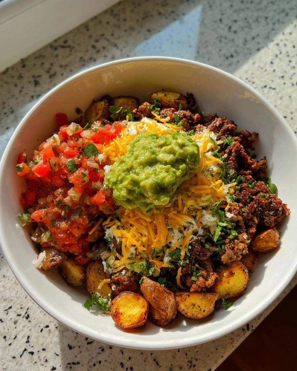 A delicious Loaded Potato Taco Bowl filled with seasoned potatoes, ground meat, pico de gallo, shredded cheese, and guacamole.