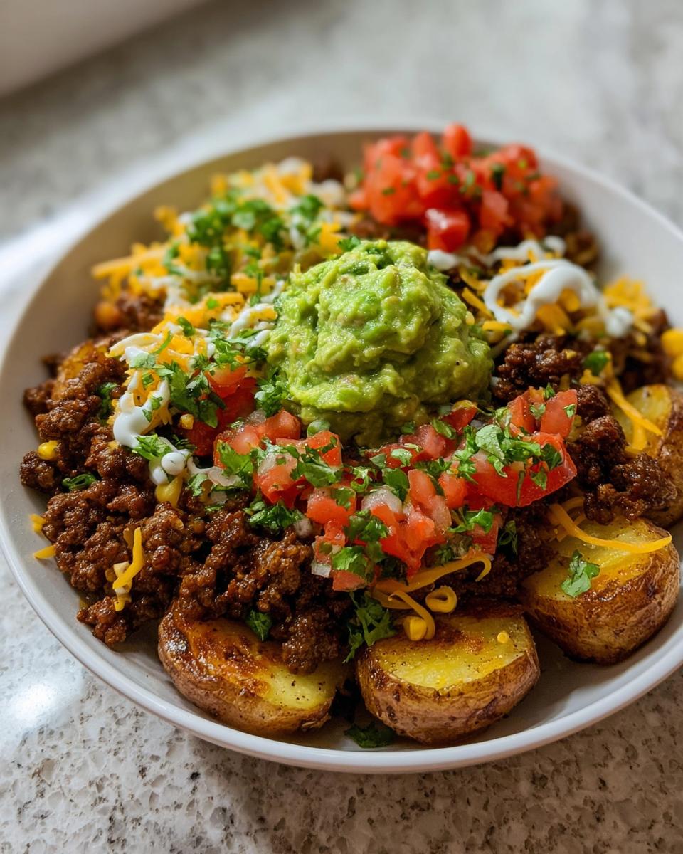 A delicious Loaded Potato Taco Bowl filled with seasoned ground beef, roasted potatoes, shredded cheese, pico de gallo, and guacamole.