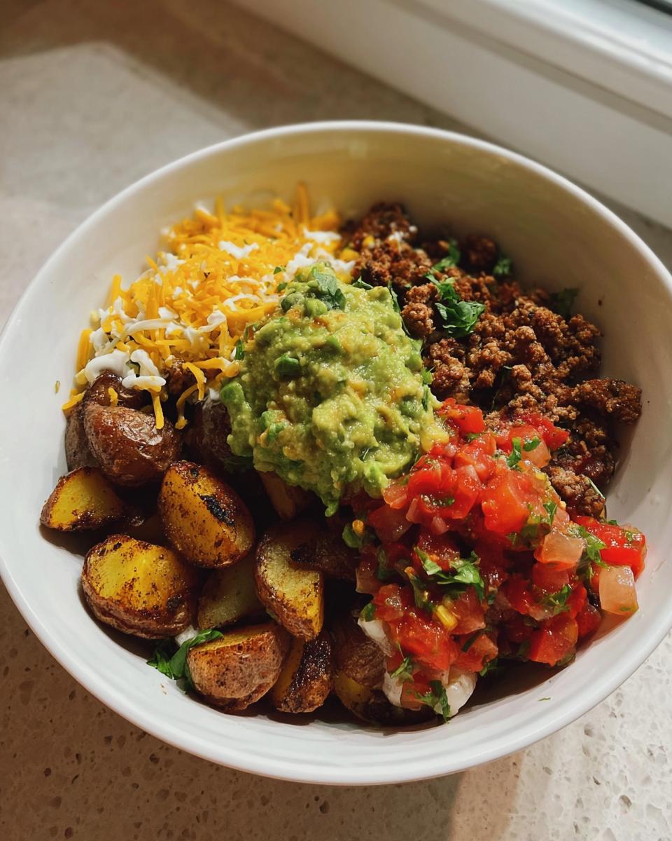 A close-up of a Loaded Potato Taco Bowl featuring roasted potatoes, seasoned ground beef, pico de gallo, guacamole, and shredded cheese.