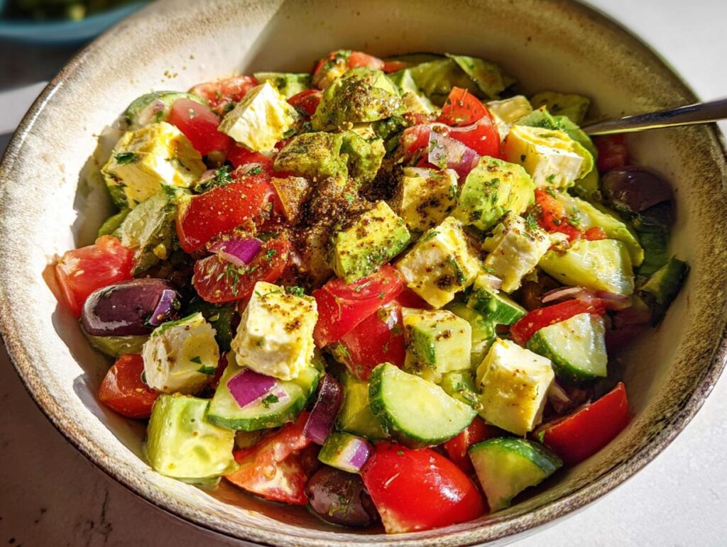 A bowl of Simple & Zesty Mediterranean Avocado Egg Salad with feta, tomatoes, cucumber, olives, and avocado.