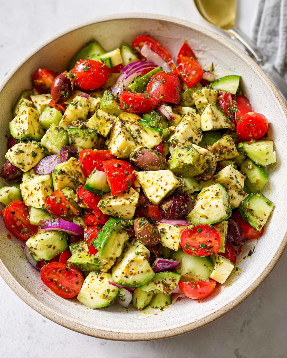 A close-up of a bowl filled with Simple & Zesty Mediterranean Avocado Egg Salad, featuring diced avocado, tomatoes, cucumber, olives, and red onion.