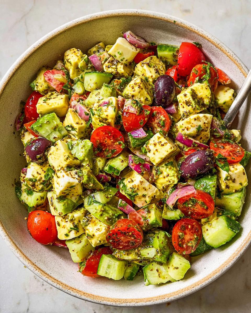 A bowl of Simple & Zesty Mediterranean Avocado Egg Salad with tomatoes, cucumbers, olives, and cheese.
