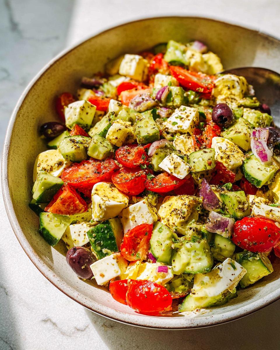 A vibrant bowl of Simple & Zesty Mediterranean Avocado Egg Salad with chopped avocado, tomatoes, cucumber, feta, olives, and red onion.