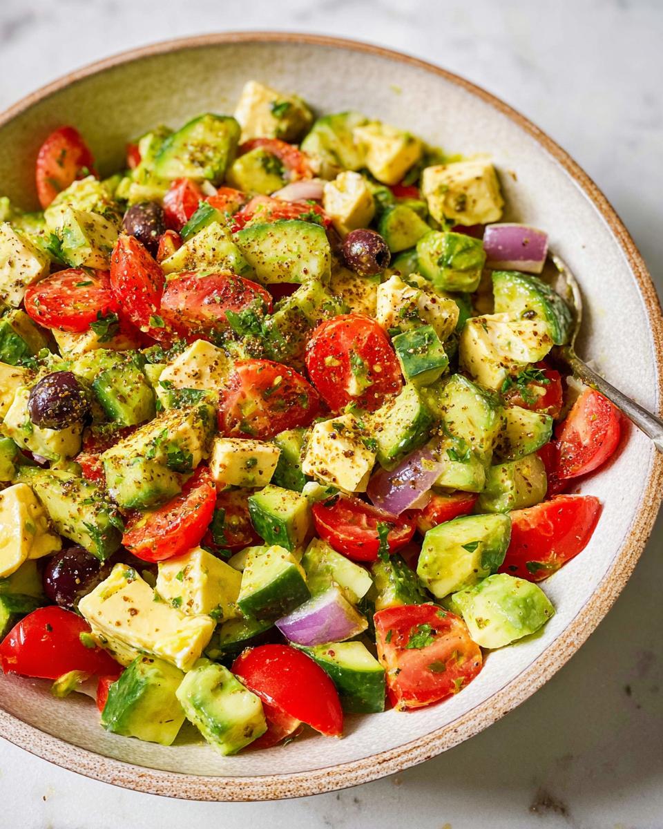 A bowl of Simple & Zesty Mediterranean Avocado Egg Salad with chopped avocado, tomatoes, cucumber, olives, and feta cheese.