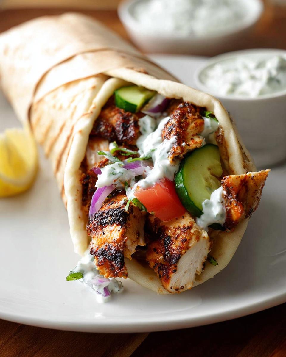 A delicious Mediterranean Chicken Gyro stuffed with grilled chicken, cucumber, tomato, red onion, and creamy feta tzatziki.