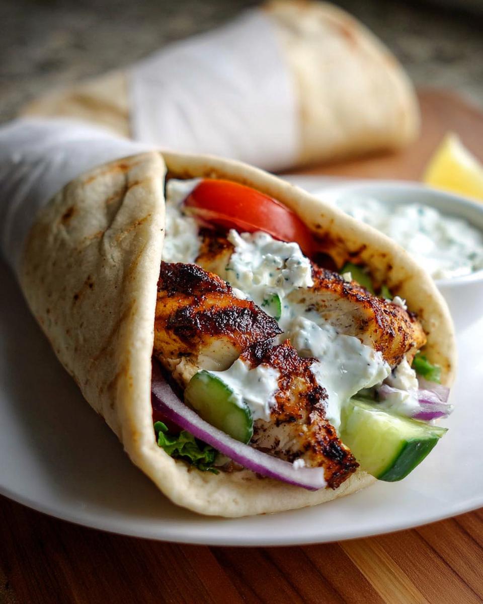 A close-up of a Mediterranean Chicken Gyro filled with grilled chicken, cucumber, tomato, red onion, lettuce, and creamy feta tzatziki.
