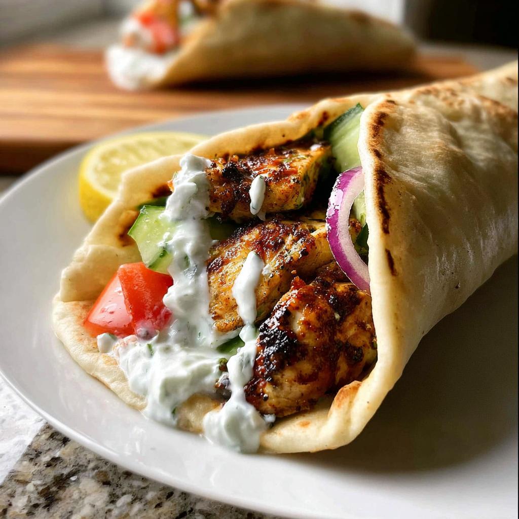 A delicious Mediterranean Chicken Gyro filled with grilled chicken, fresh vegetables, and creamy feta tzatziki sauce.