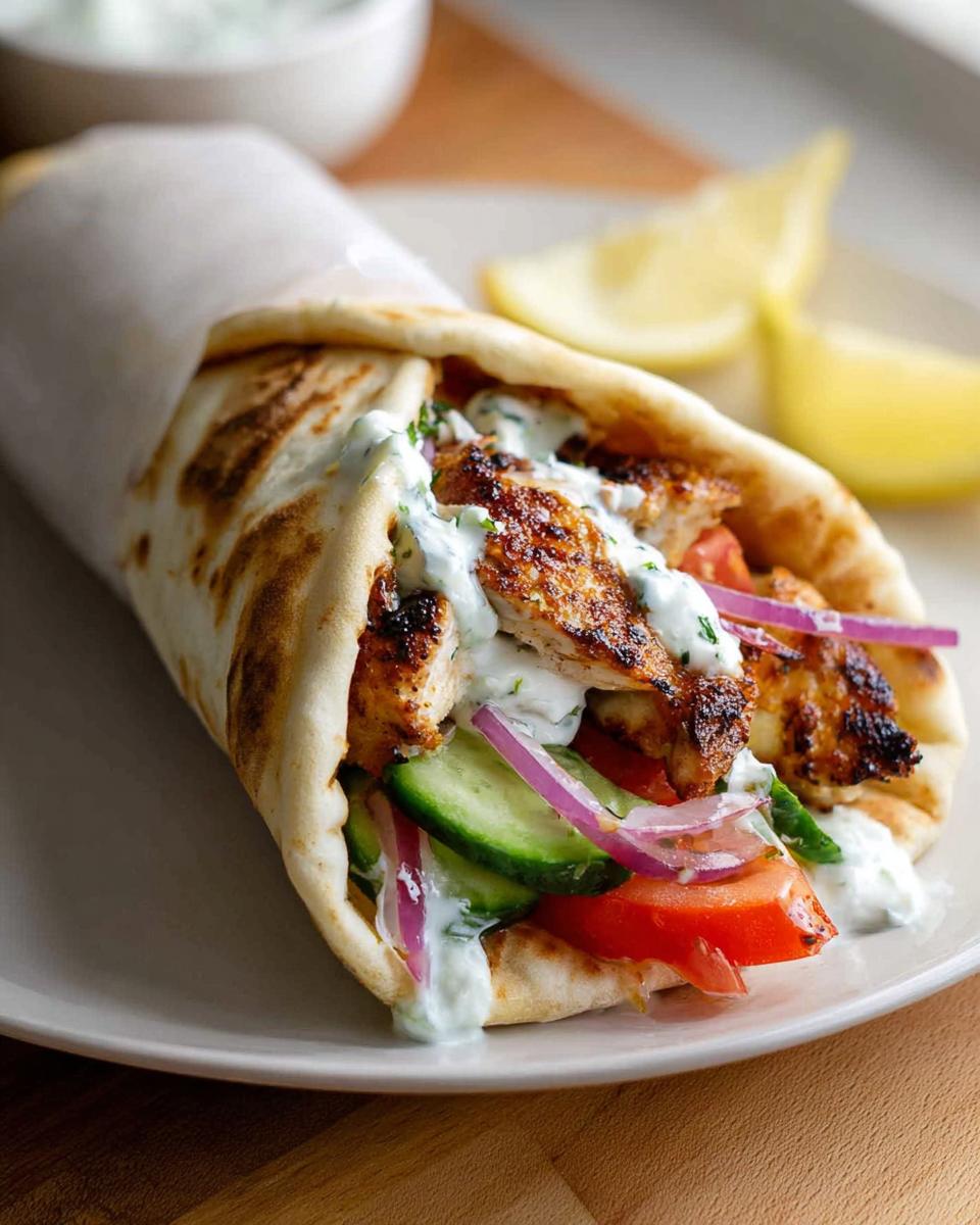 A delicious Mediterranean chicken gyro filled with grilled chicken, cucumber, tomato, red onion, and creamy feta tzatziki.
