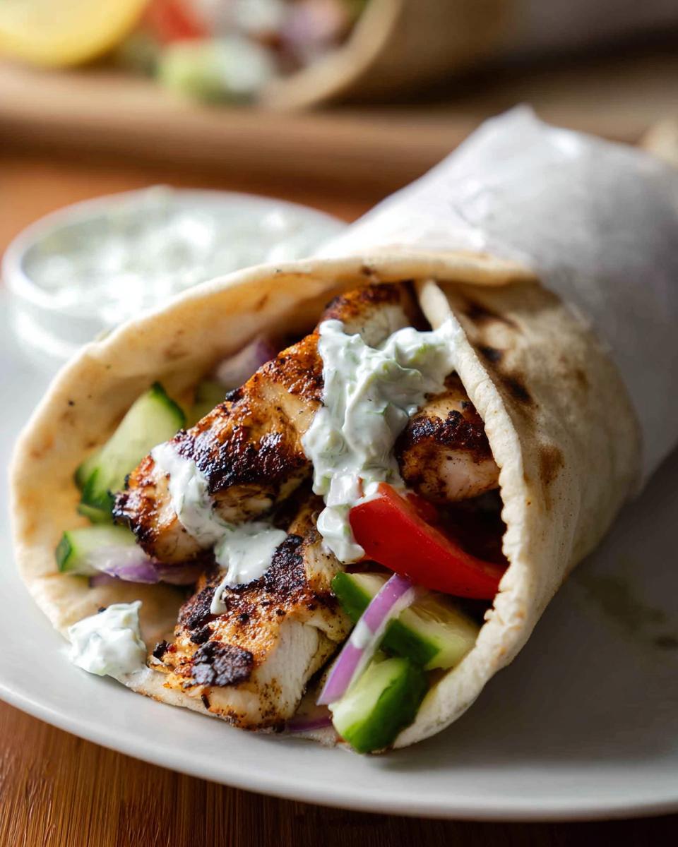 A delicious Mediterranean Chicken Gyro filled with grilled chicken, cucumber, red onion, tomato, and creamy feta tzatziki sauce.