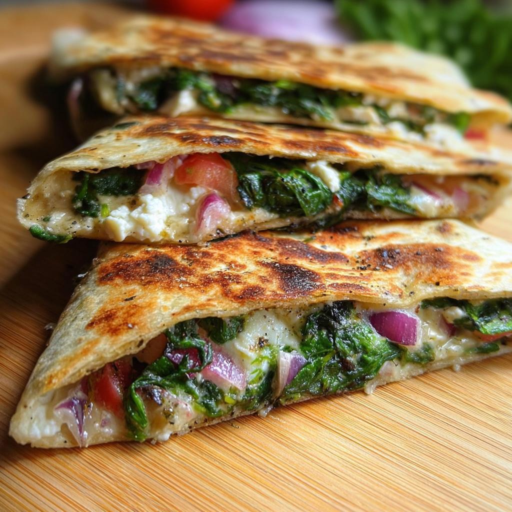 Close-up of Mediterranean Quesadillas filled with spinach, feta, mozzarella, and red onion.