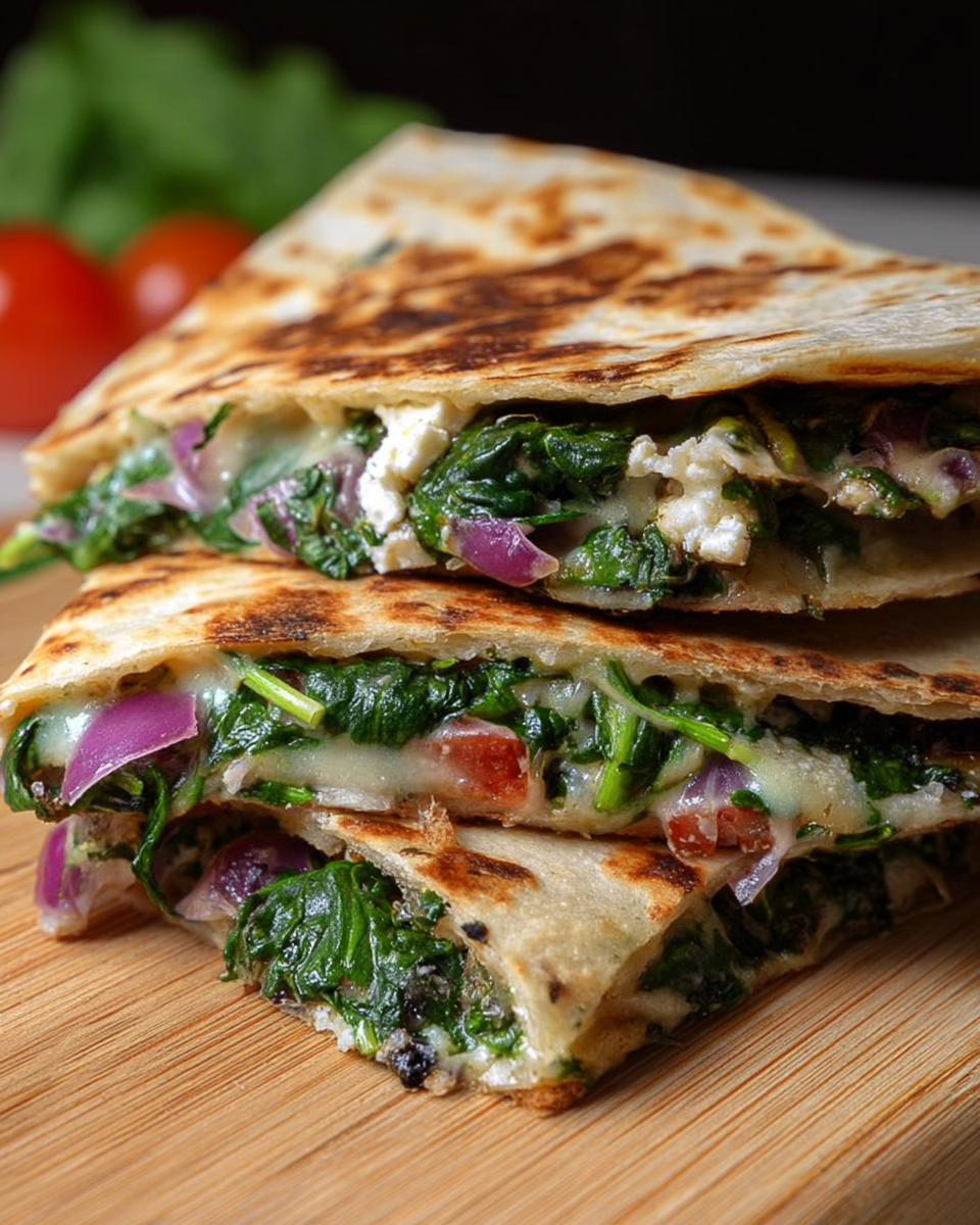 Close-up of stacked Mediterranean Quesadillas filled with spinach, feta, mozzarella, and red onion.