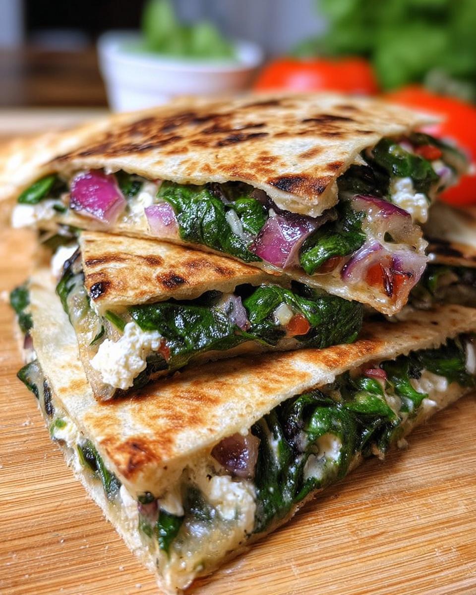 Stack of Mediterranean Quesadillas filled with spinach, feta, mozzarella, and red onion, grilled to golden perfection.