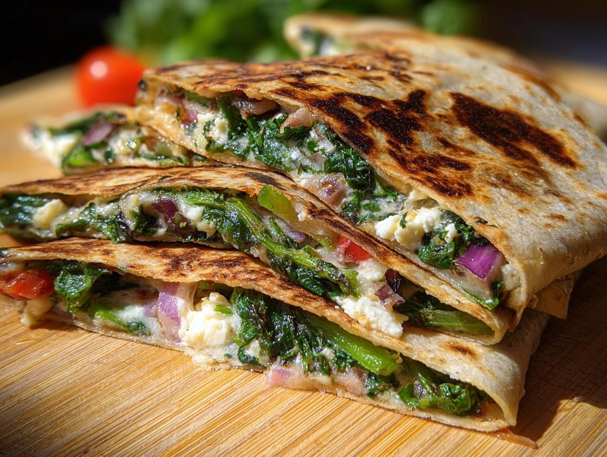 Close-up of stacked Mediterranean Quesadillas with spinach, feta, mozzarella, and red onion filling.