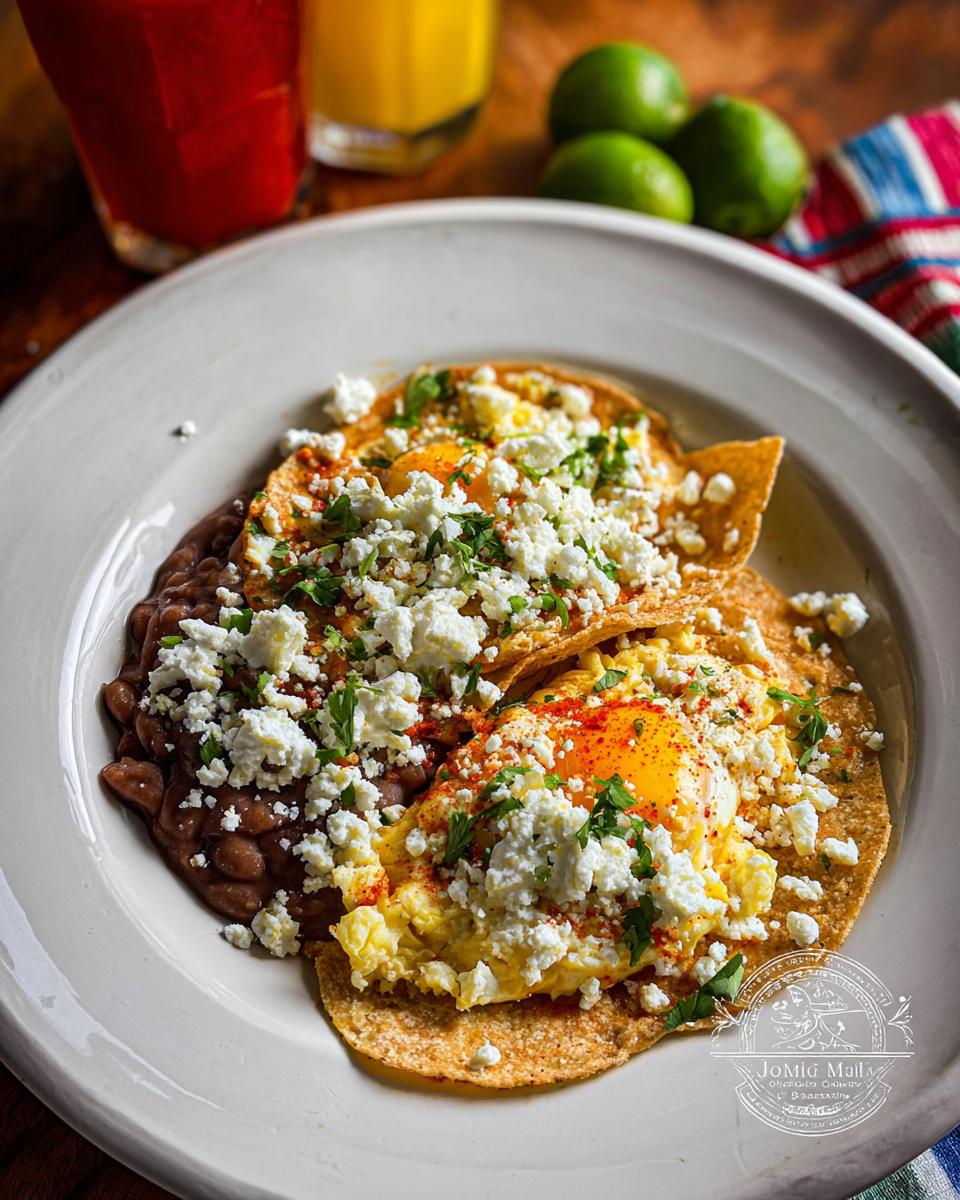 A plate of Mexican Eggs served on tortillas with refried beans and crumbled white cheese, garnished with cilantro.