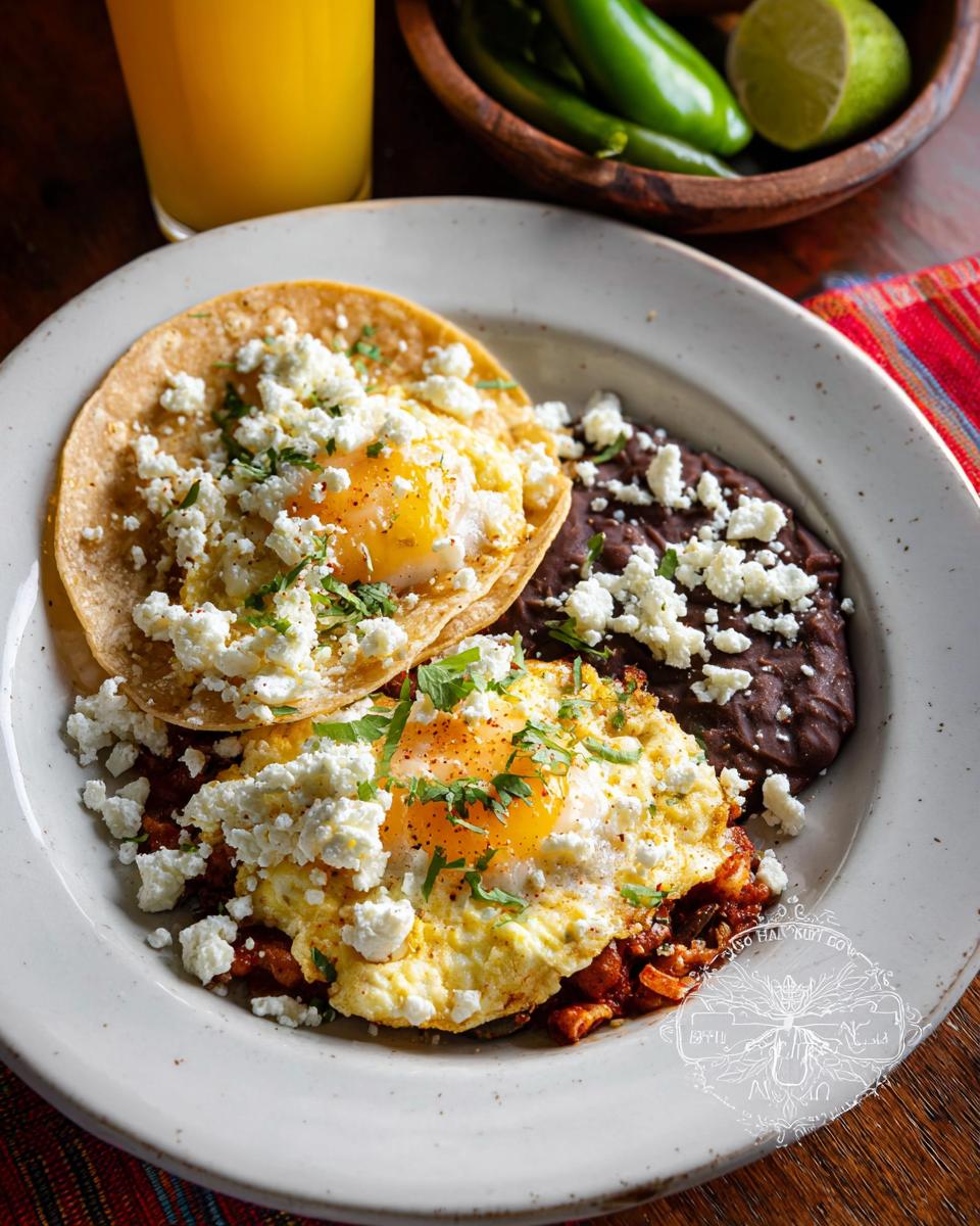 A plate of Mexican Eggs served with refried beans, crumbled cheese, and cilantro on tortillas.