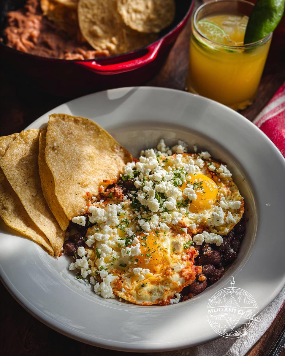 A plate of Mexican Eggs served with black beans, crumbled cheese, cilantro, and tortilla chips.