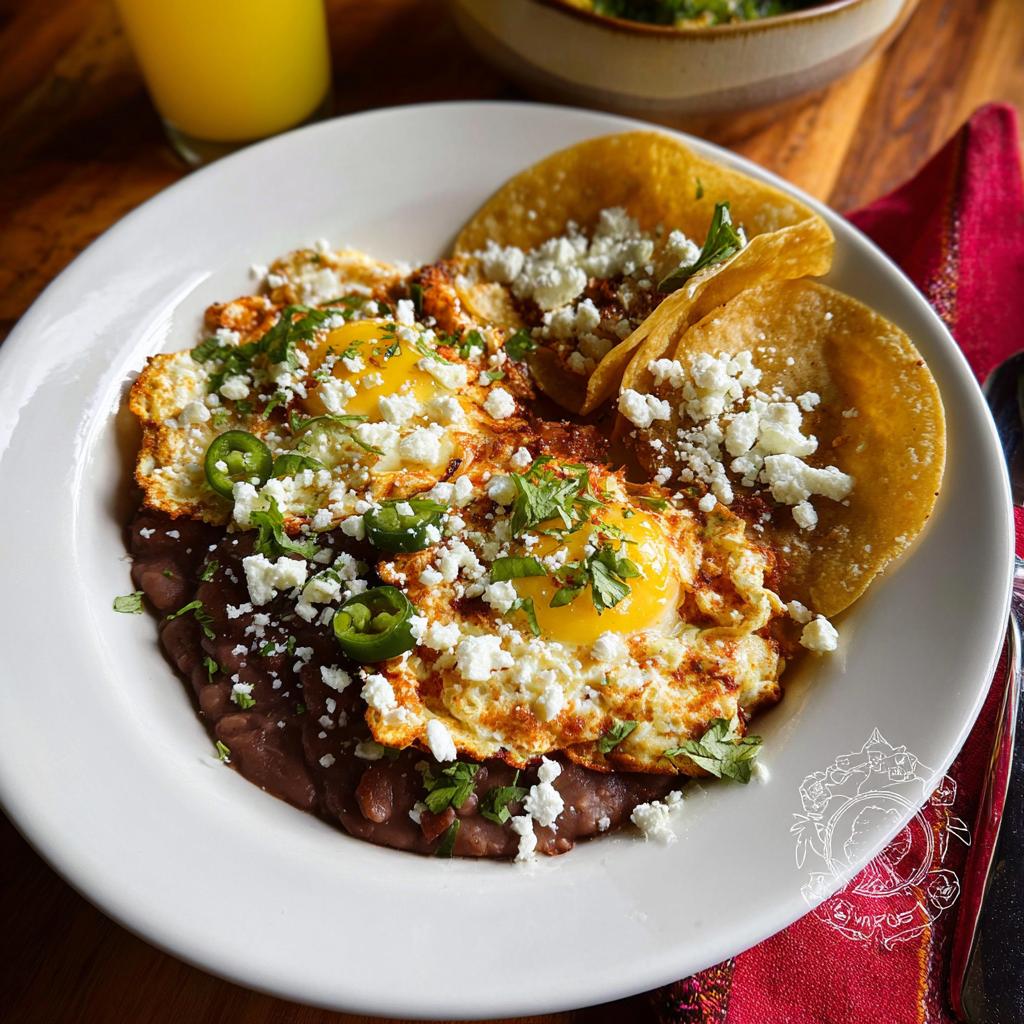 A plate of Mexican Eggs served with refried beans, crumbled cheese, jalapeños, and mini tortillas.