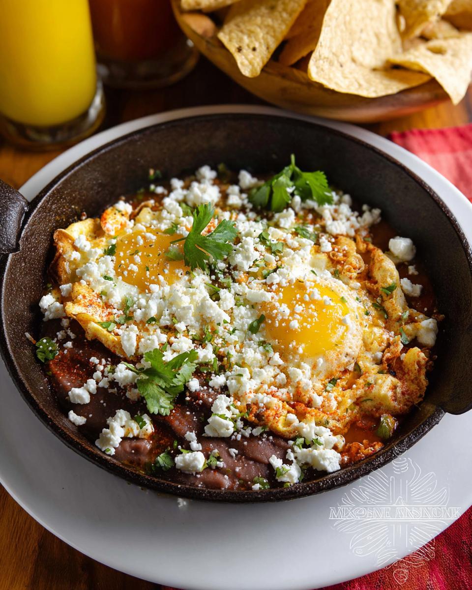 A close-up of Mexican Eggs served in a cast-iron skillet with refried beans, crumbled feta cheese, and fresh cilantro.