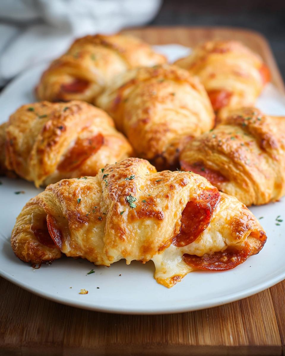 Close-up of golden-brown mozzarella pepperoni croissant rolls with melted cheese oozing out.