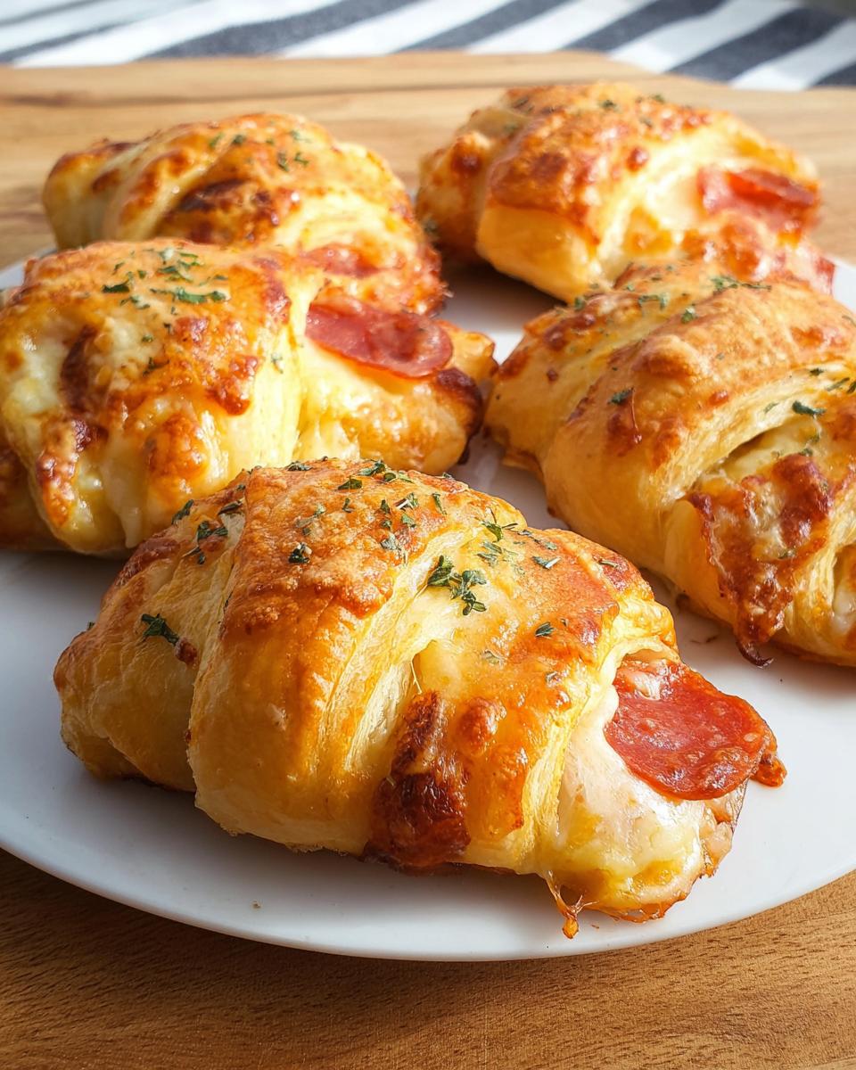 Golden brown mozzarella pepperoni croissant rolls baked to perfection, with melted cheese and pepperoni peeking out.