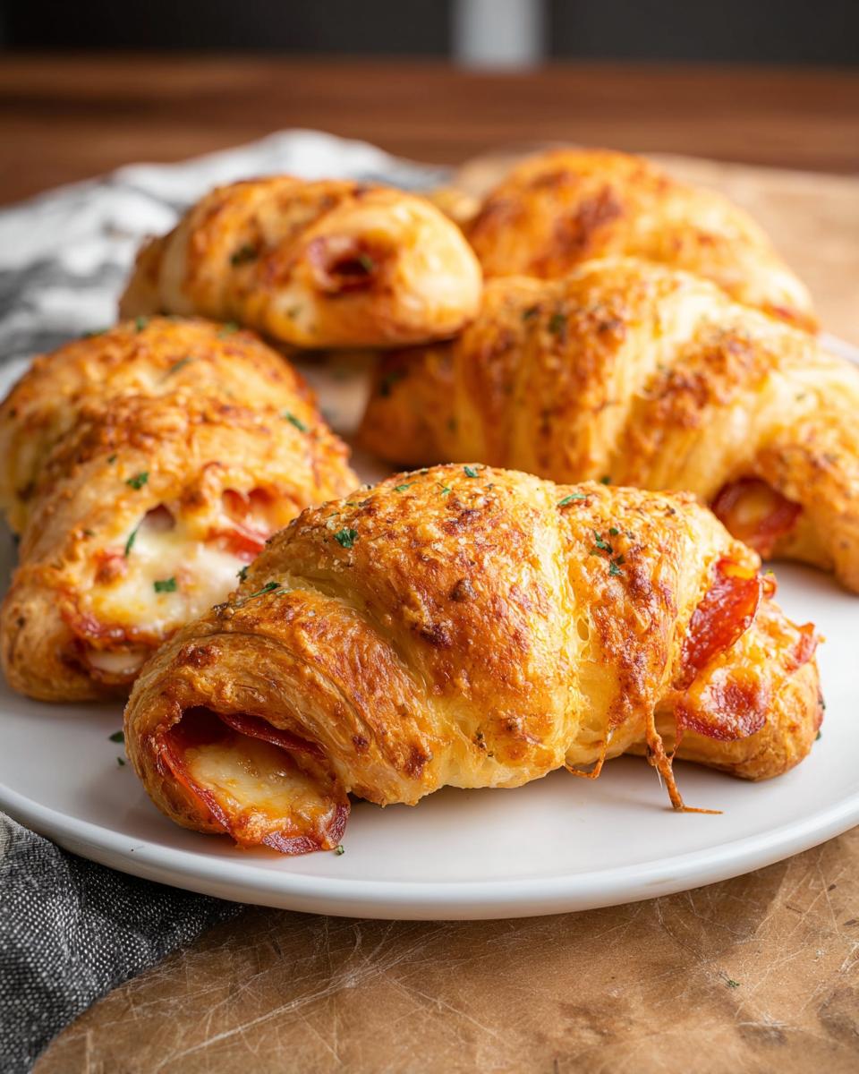 Golden brown mozzarella pepperoni croissant rolls stuffed with cheese and pepperoni, ready to be served.