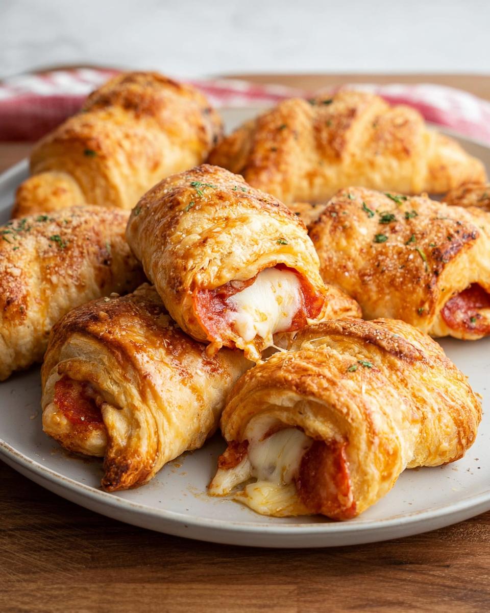 Close-up of golden-brown mozzarella pepperoni croissant rolls with melted cheese oozing out.