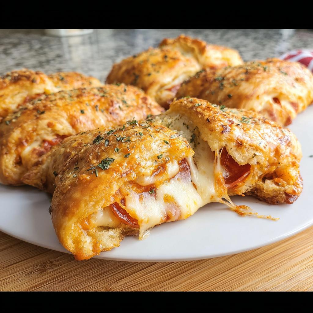 Melted mozzarella cheese stretching from a delicious mozzarella pepperoni croissant roll, topped with herbs.