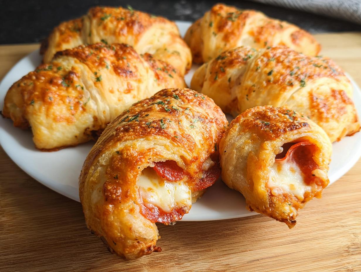 Close-up of golden-brown mozzarella pepperoni croissant rolls, one showing melted cheese and pepperoni inside.
