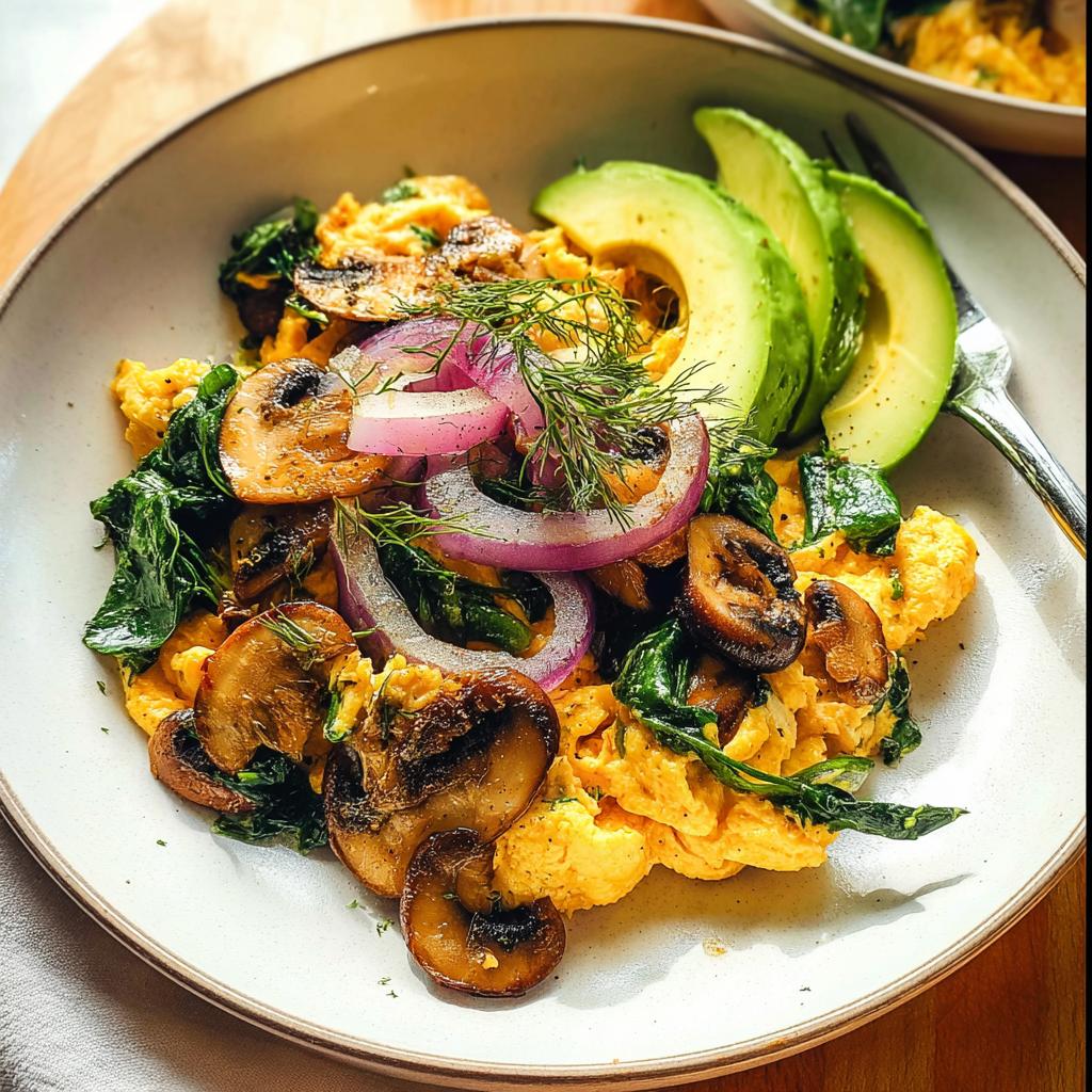 A plate of delicious Mushroom Spinach Scrambled Eggs topped with red onion and dill, served with sliced avocado.