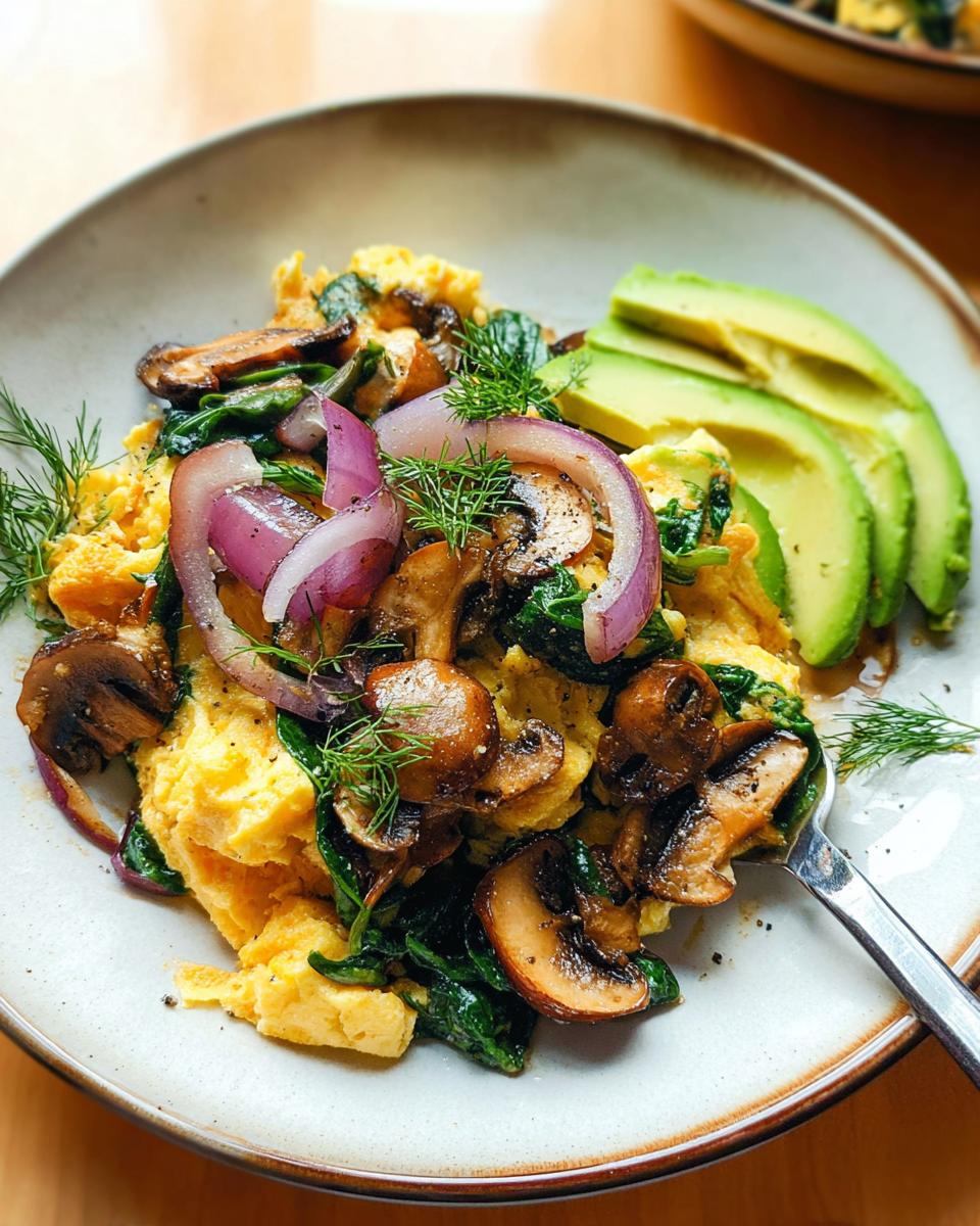 A plate of delicious Mushroom Spinach Scrambled Eggs topped with red onion and served with sliced avocado.