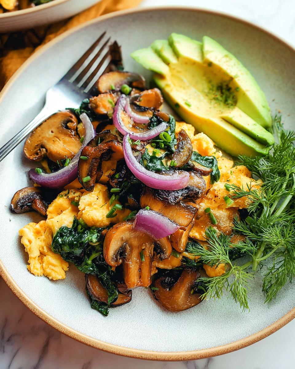 A plate of fluffy Mushroom Spinach Scrambled Eggs topped with red onion and served with sliced avocado and dill.