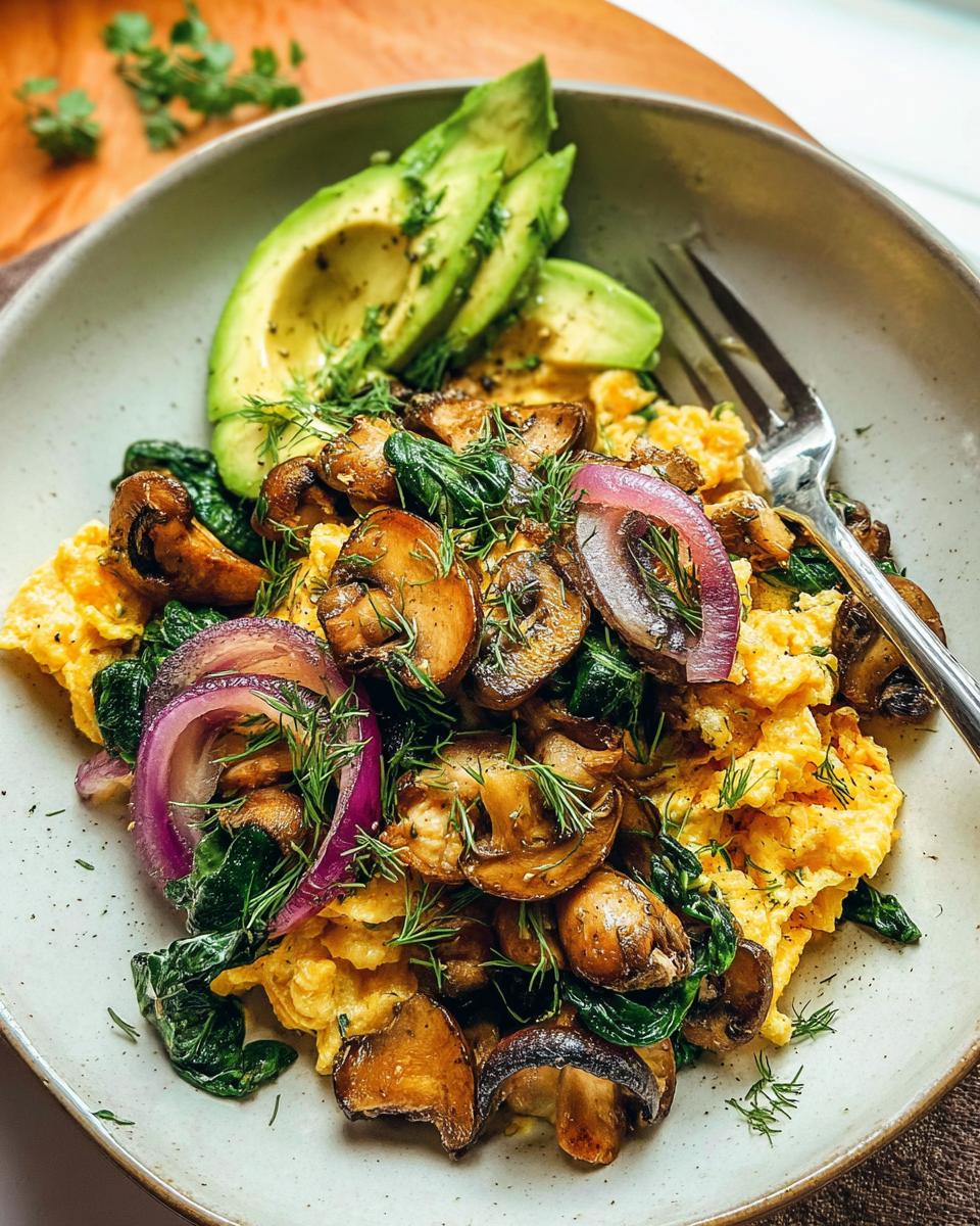 A close-up of fluffy Mushroom Spinach Scrambled Eggs topped with sliced red onion and fresh dill, served with avocado slices.