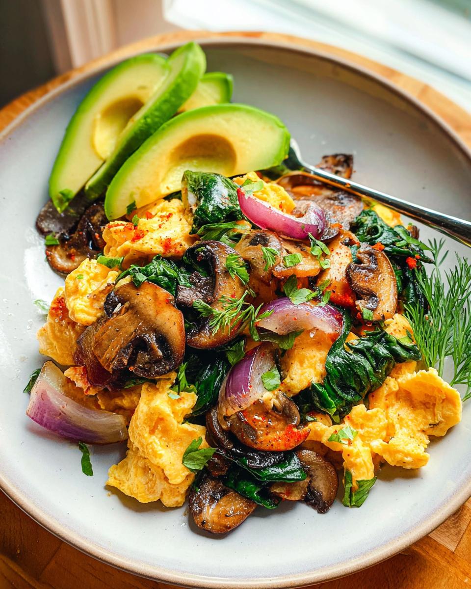 A plate of delicious Mushroom Spinach Scrambled Eggs topped with red onion and served with sliced avocado.
