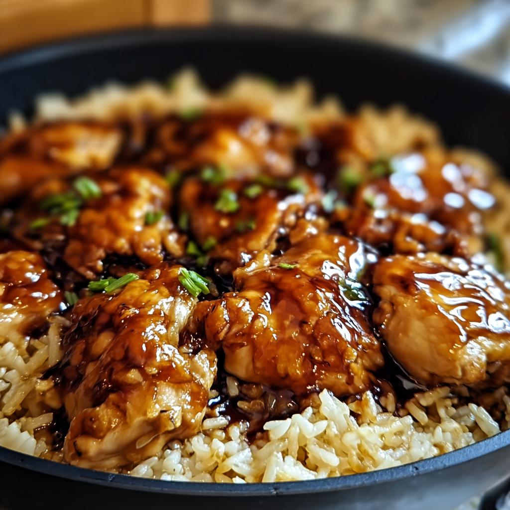Close-up of a one-pan honey BBQ chicken rice dish, featuring glazed chicken pieces over fluffy rice, garnished with green onions.