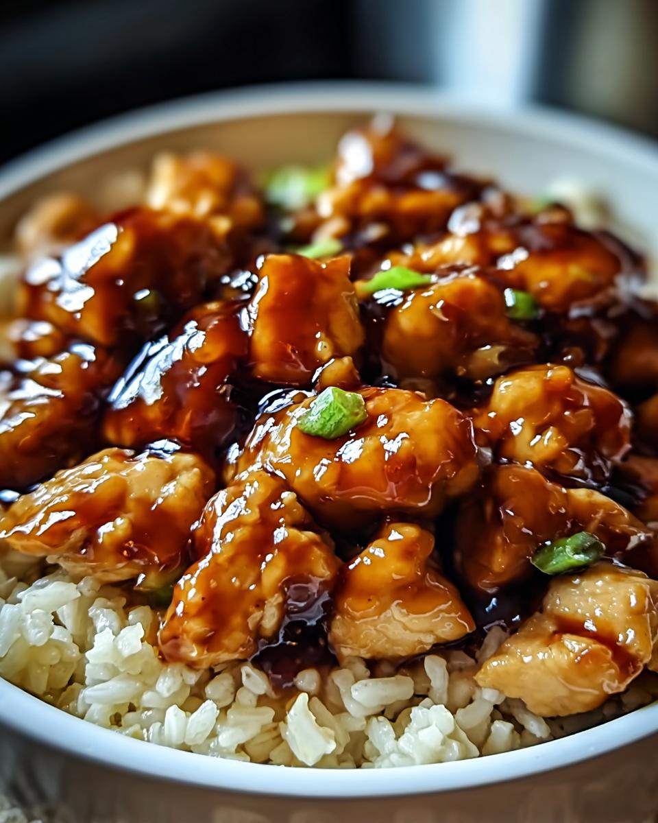 Close-up of a bowl of One-Pan Honey BBQ Chicken Rice, featuring glazed chicken pieces over fluffy rice and garnished with green onions.