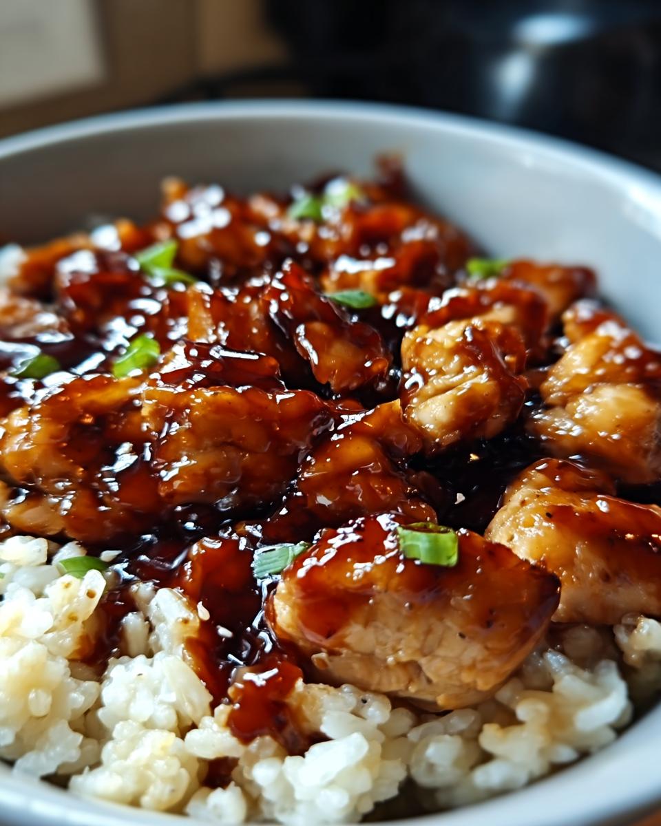 A close-up of a bowl filled with fluffy white rice topped with glossy, glazed pieces of Honey BBQ Chicken.