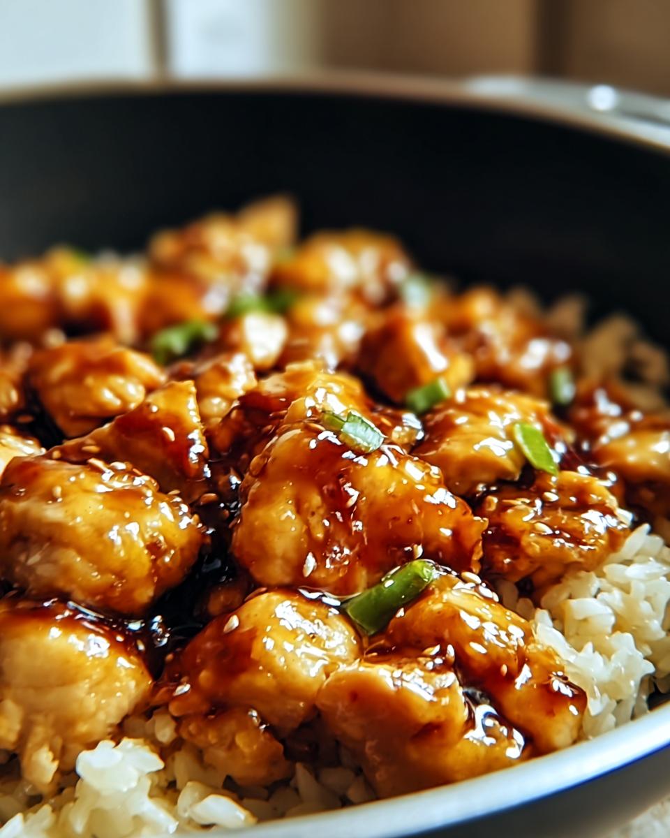 A close-up of One-Pan Honey BBQ Chicken Rice, featuring glazed chicken pieces over fluffy white rice, sprinkled with sesame seeds and green onions.