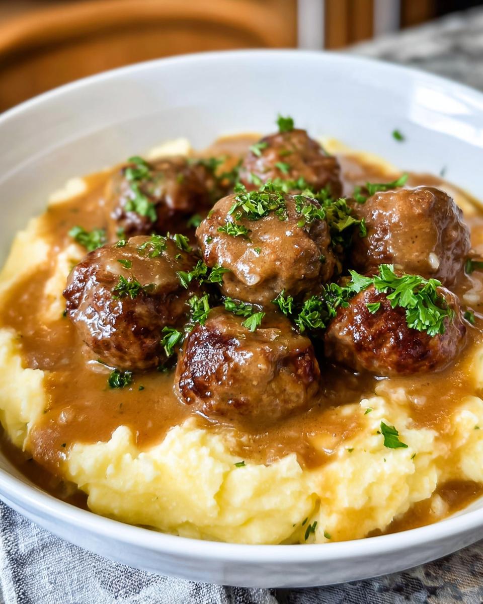Close-up of Salisbury steak meatballs in gravy served over garlic herb mashed potatoes, garnished with parsley.