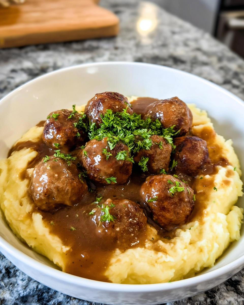 A bowl of Salisbury Steak Meatballs served over creamy Garlic Herb Mashed Potatoes, garnished with fresh parsley.