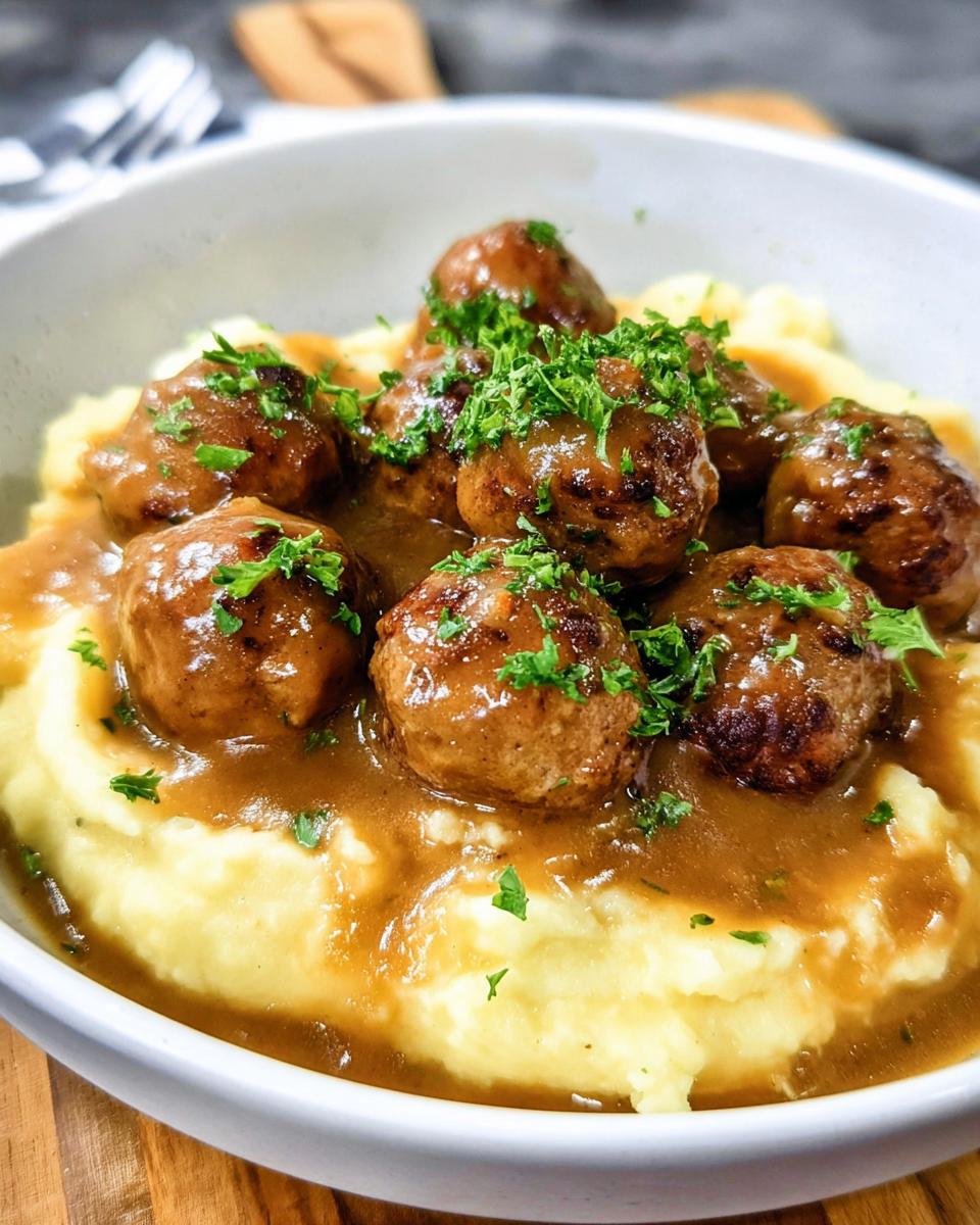A close-up of Salisbury steak meatballs in gravy served over garlic herb mashed potatoes, garnished with parsley.