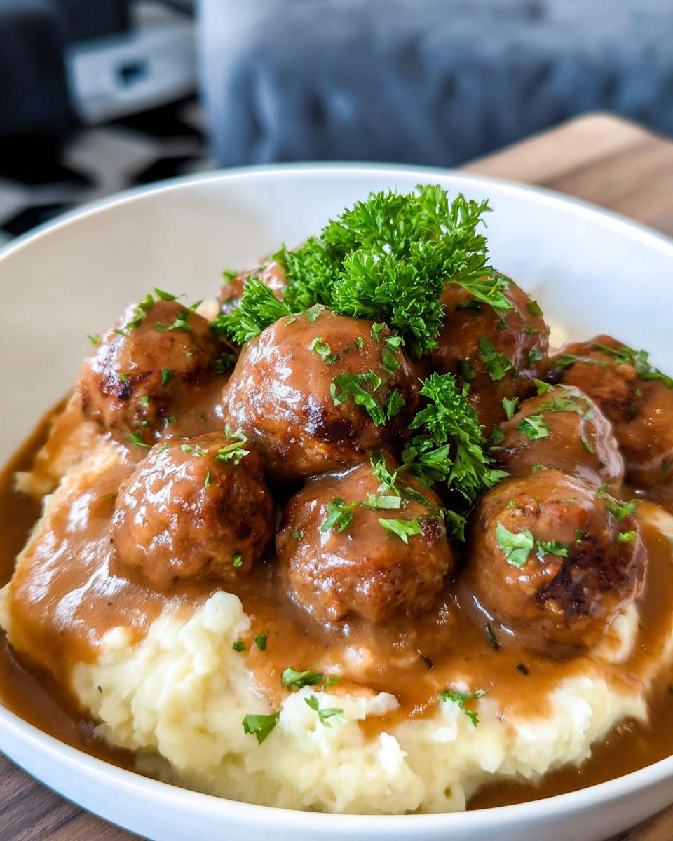 A close-up of Salisbury steak meatballs smothered in rich gravy, served over creamy garlic herb mashed potatoes and garnished with parsley.