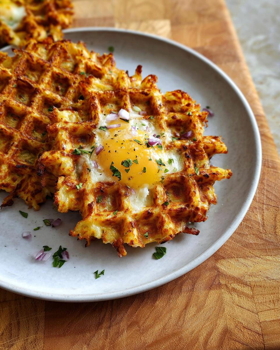 A golden-brown savory hashbrown chaffle topped with a sunny-side-up egg, red onion, and parsley.