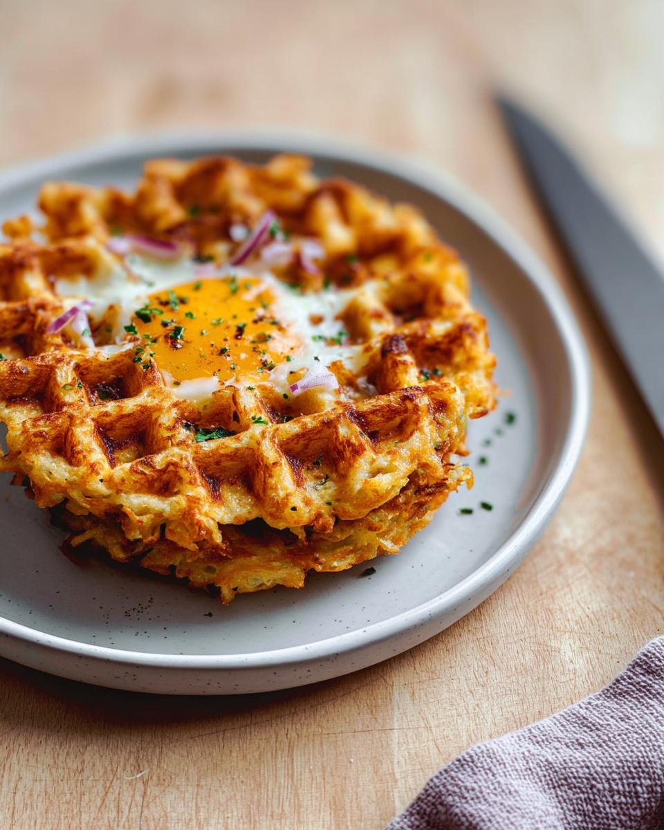 A golden-brown savory hashbrown chaffle topped with a perfectly fried egg, chopped red onion, and parsley.