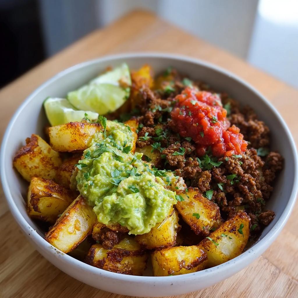 A close-up of a Schnelle Kartoffel Taco Bowl Meal Prep, featuring seasoned potatoes, ground meat, guacamole, salsa, and lime wedges.