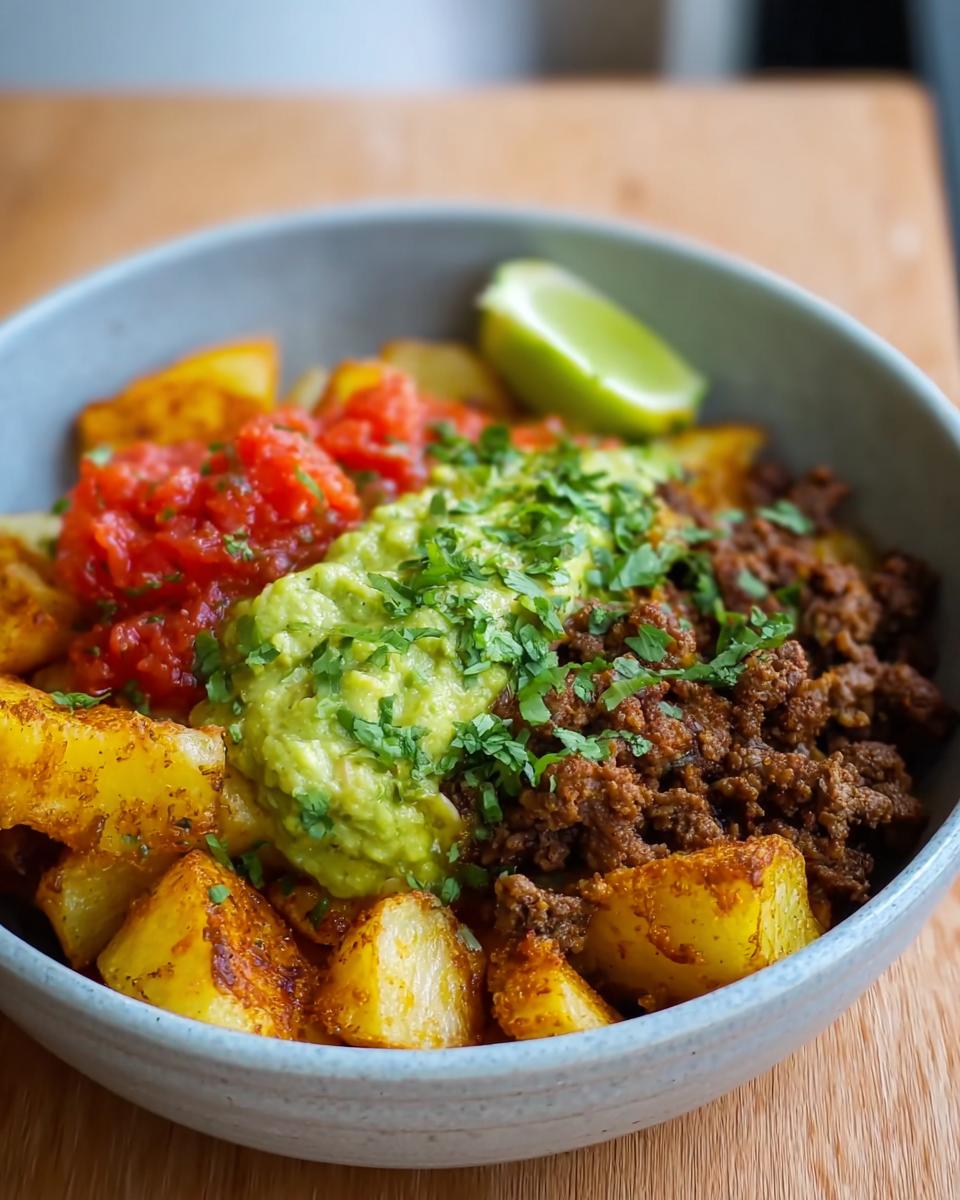 A bowl of Schnelle Kartoffel Taco Bowl Meal Prep with seasoned potatoes, ground meat, guacamole, salsa, and a lime wedge.