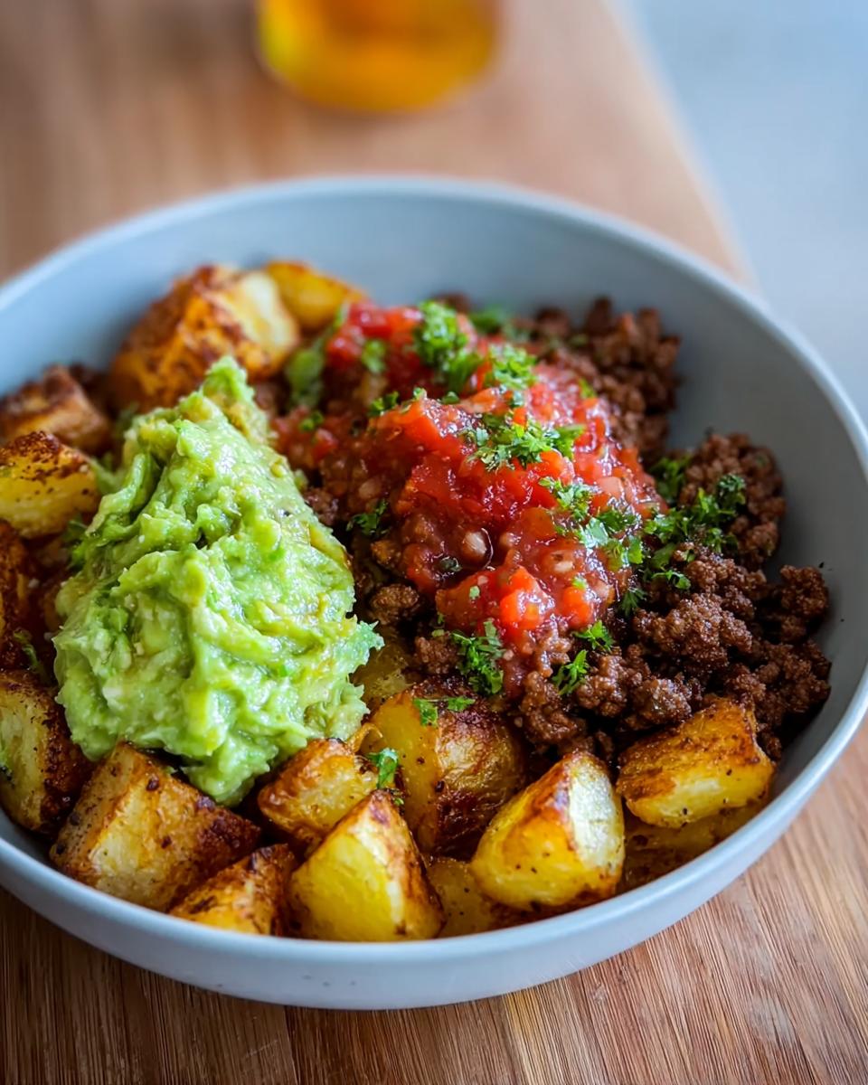 A bowl of Schnelle Kartoffel Taco Bowl Meal Prep with roasted potatoes, seasoned ground meat, guacamole, and salsa.