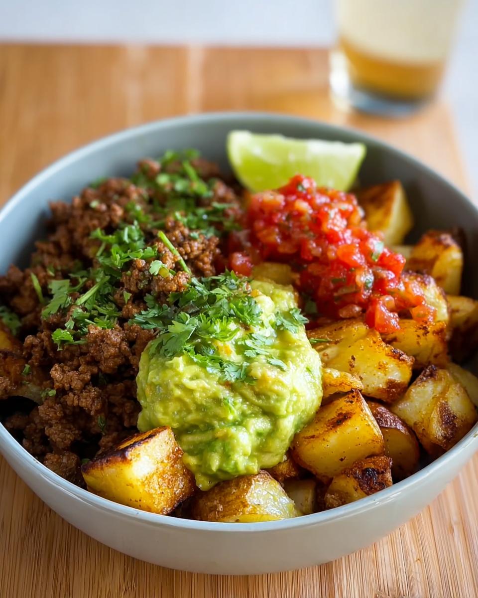 A close-up of a Schnelle Kartoffel Taco Bowl Meal Prep featuring seasoned ground meat, fresh guacamole, salsa, and roasted potatoes, garnished with cilantro and a lime wedge.